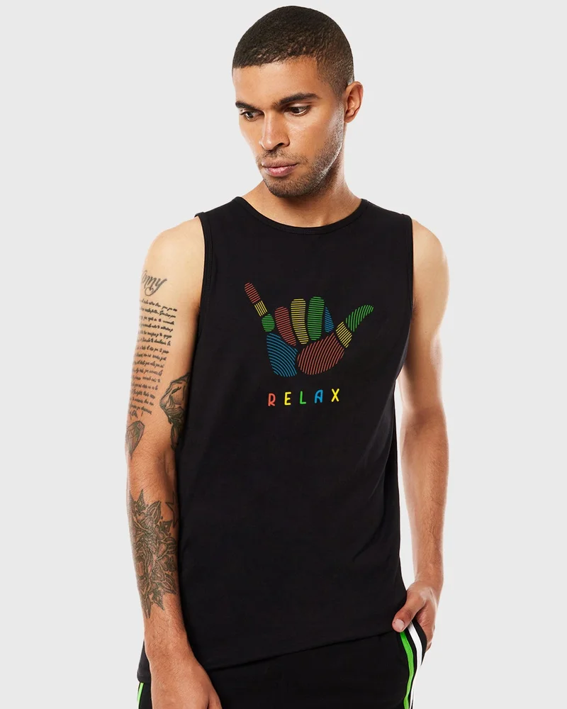 bewakoof Men's Black Hang Loose Relax Graphic Printed Vest